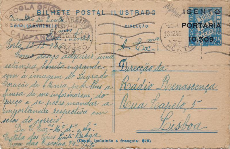 0428 f.jpg -     Lote:    428 (frente)                   Descrição:         1942 &mdash; Forças Mobilizadas. Selo "Tudo pela Nação" com sobrecarga a preto "ISENTO / PORTARIA / 10.509". FM2, ($25) azul claro. N.º 26 &mdash; Sé de Lisboa. Circulado de Braga (05.02.46) para Vila da Feira.        IC       Valor Base:     &euro; 10,00     Valor Venda:     &euro;      